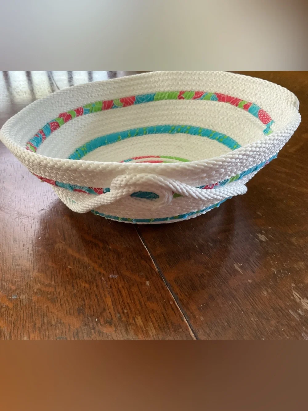 Handmade 9-Inch Coiled Rope Bowl – Bright Floral Fabric Wrap Accent (2.75